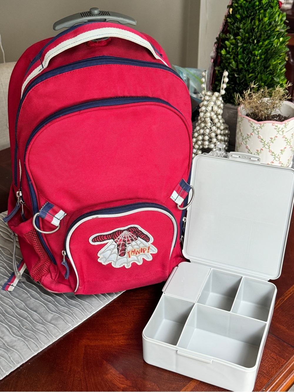 Pottery Barn Kids Red and Navy Spider-Web Backpack
